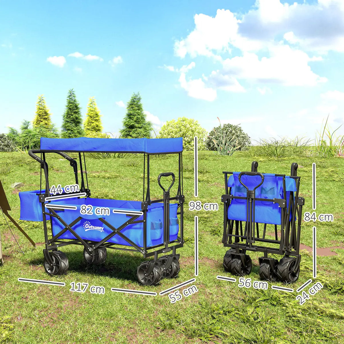 Outsunny Folding Trolley Cart Storage Wagon Beach Trailer 4 Wheels with Handle Overhead Canopy Cart Push Pull for Camping, Blue