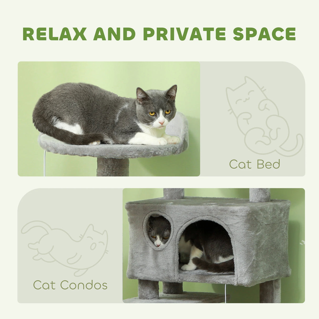PawHut 138cm Cat Tree, Multi-Level Cat Tower with Scratching Posts and Pad, Bed, Condos, Platforms, Toy Balls, Light Grey