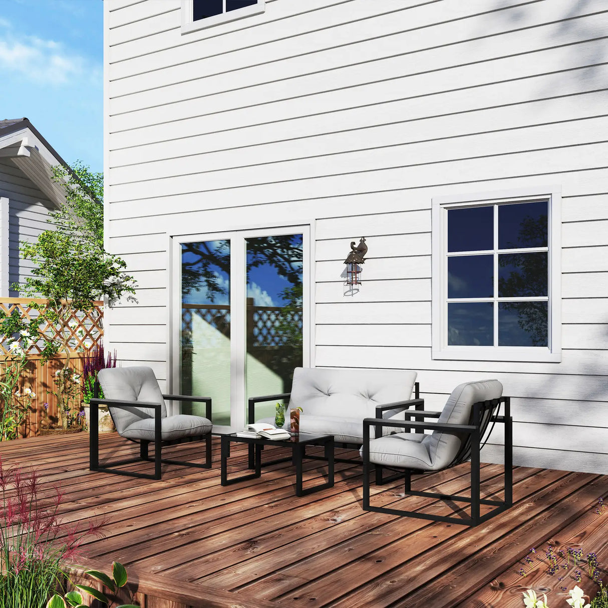 Outsunny Garden Furniture Set, 4 Piece Indoor Outdoor Conservatory with Loveseat Sofa, Armchairs, Glass Top Coffee Table, Cushions for Balcony, Poolside, Patio, Dark Grey