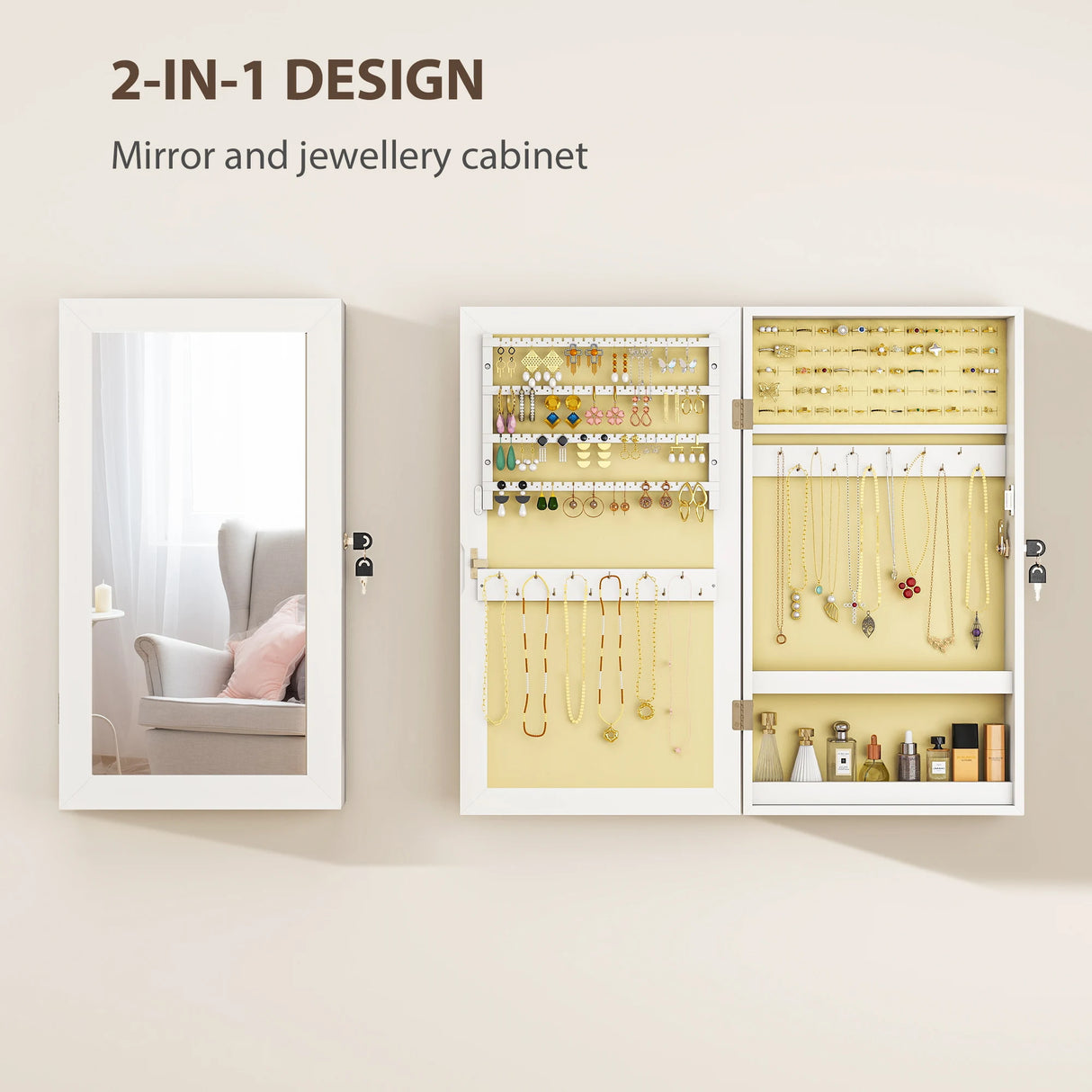 HOMCOM Jewelry Cabinet, Jewelry Storage Cabinet with Mirror, White