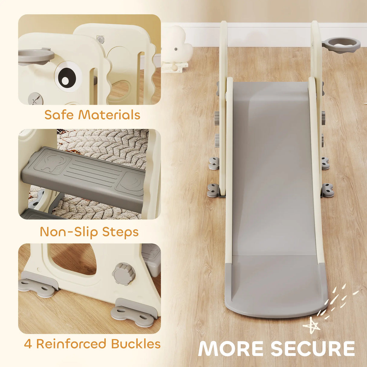 AIYAPLAY 3 in 1 Kids Slide with Climber, Basketball Hoop and Ball, Foldable Indoor Toddler Slide for Ages 2-5, Cream White