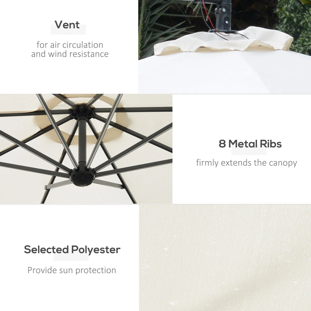 Outsunny Umbrella Parasol W/Solar Powered LED strips, 2.95x2.45H m-Cream