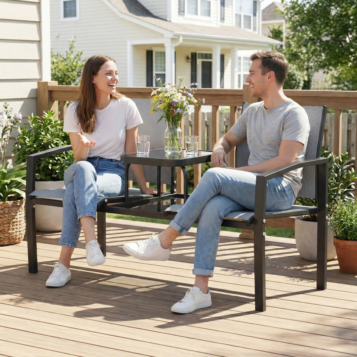 Outsunny Garden Love Seat, 2 Seater Jack and Jill Loveseat Companion Seat with 2-Tier Glass Table, Breathable Texteline, Grey