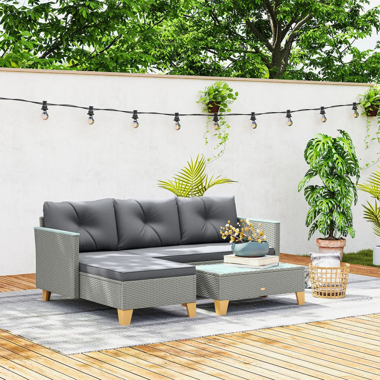 Outsunny 3 Pieces Rattan Garden Furniture Set, L Shaped Garden Conversation Chaise Lounge Furniture with Wood Top Coffee Table and Thick Cushions, Charcoal Grey