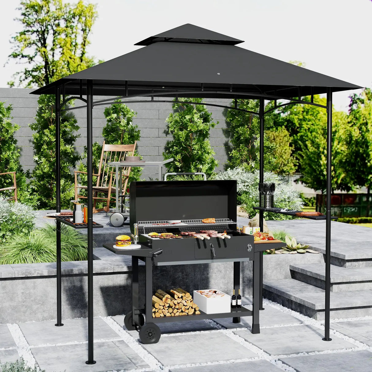 Outsunny 8' x 5' Grill Gazebo, Double Tiered BBQ Gazebo Shelter Canopy with LED Lights, 2 Side Shelves, Hooks, Dark Grey