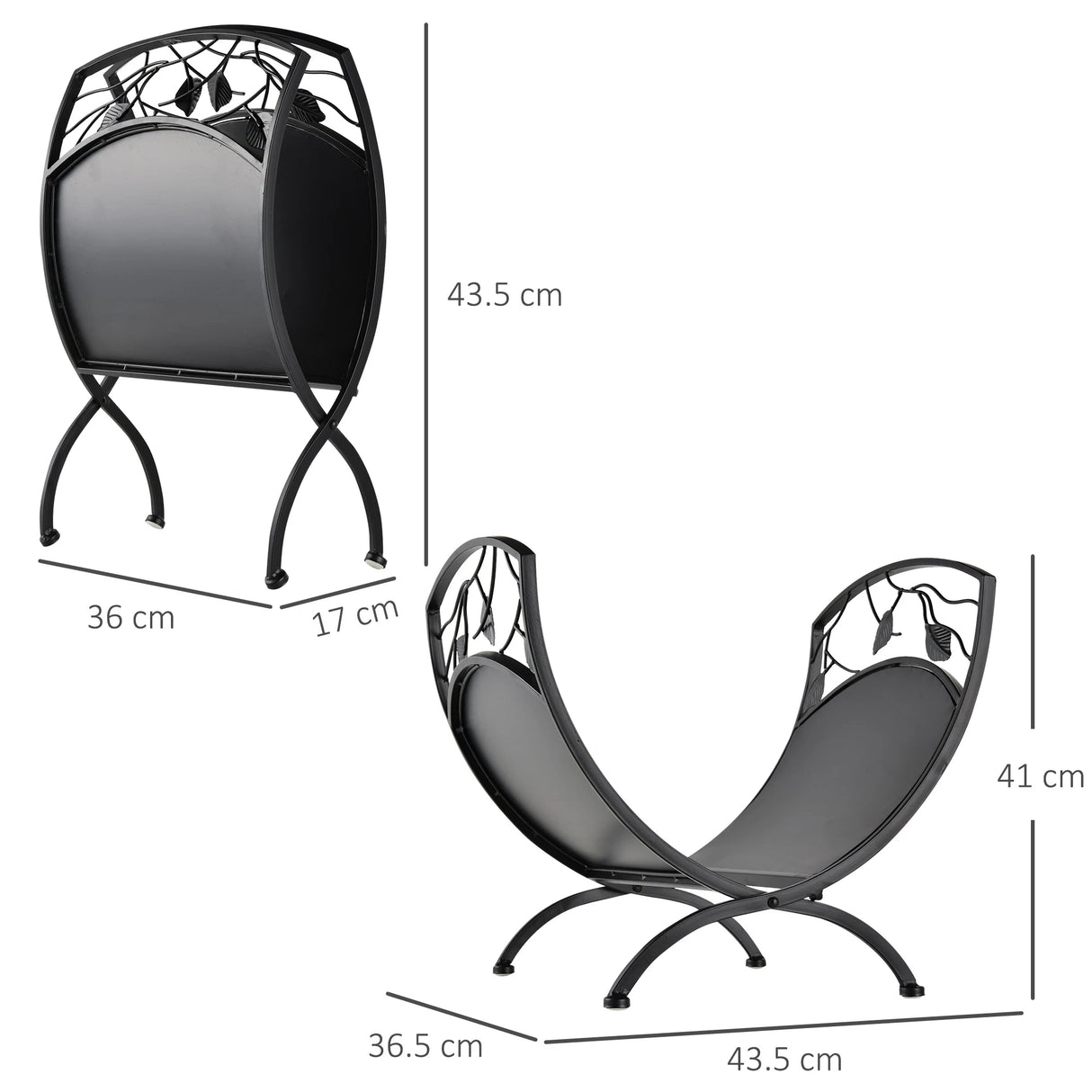 Outsunny Metal Arced Firewood Log Holder Indoor Outdoor Folding Firewood Rack Fireplace Wood Storage Shelf w/ Leaf Pattern Design, Black, 43.5W x 36.5D x 41H cm