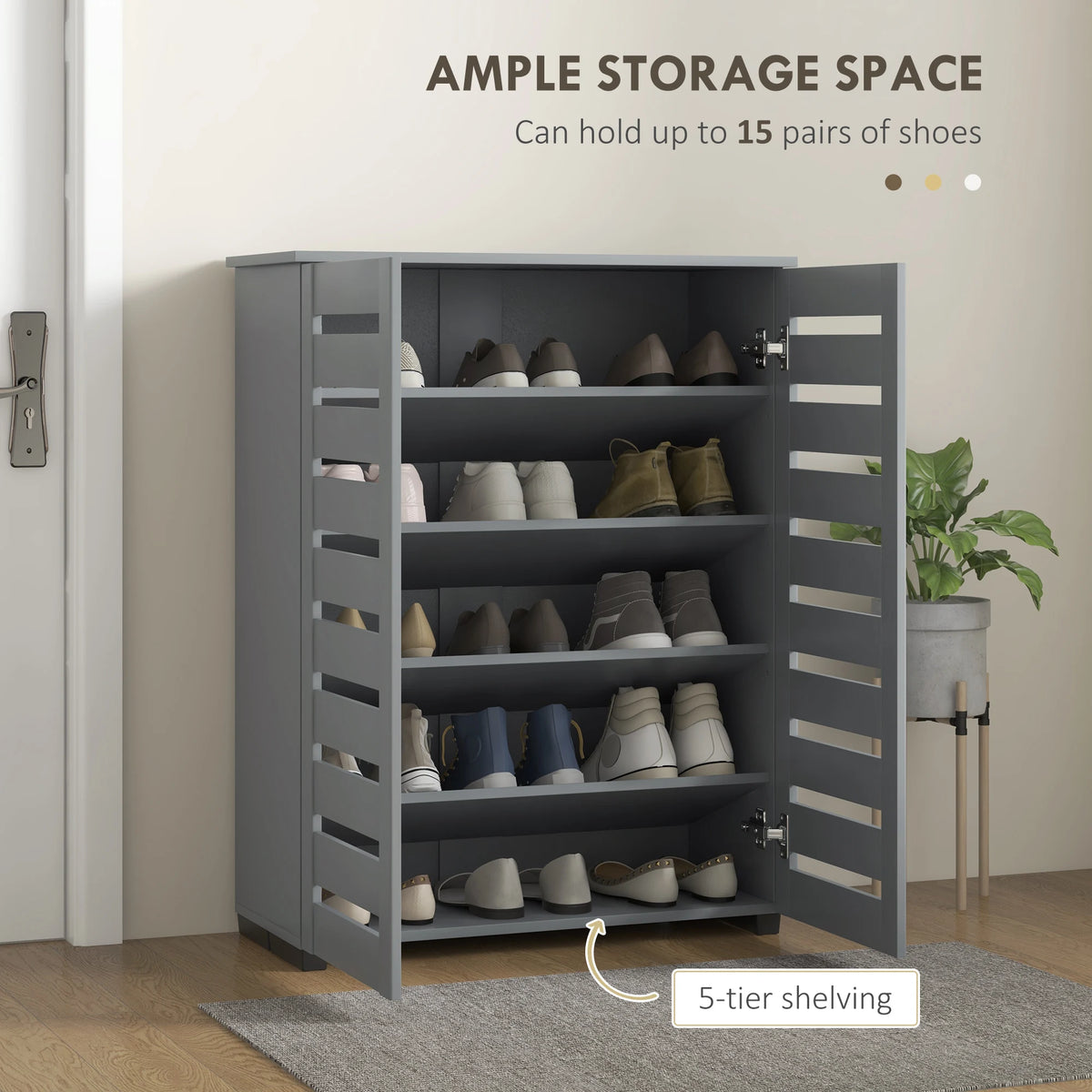 HOMCOM Narrow Shoe Cabinet for Entryway, 5-Tier Slim Shoe Storage Cabinet with 2 Slatted Doors and Adjustable Shelves Grey