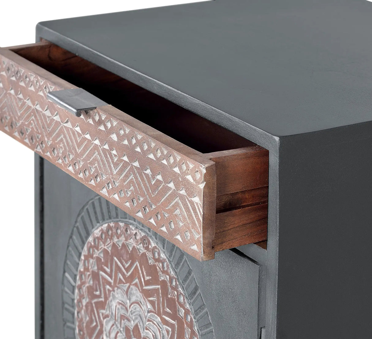 Giner and Colomer - 1-Door, 1-Drawer Mango Wood Table With Carving & Metal Base