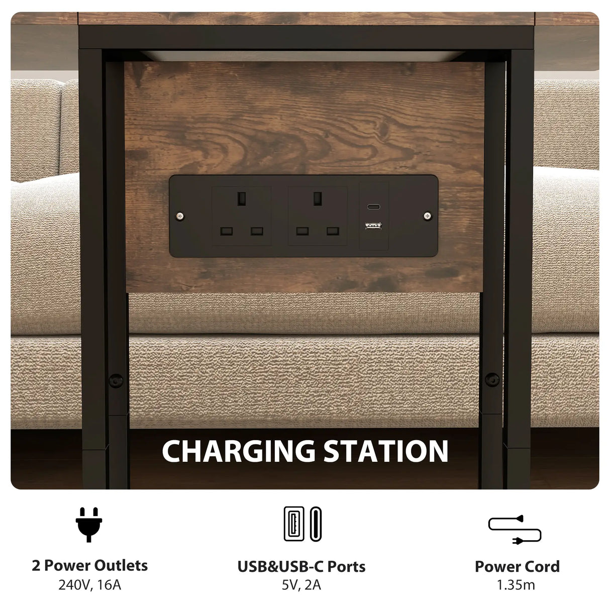 HOMCOM C Shaped Side Table with Charging Station and Foldable Top - Rustic Brown