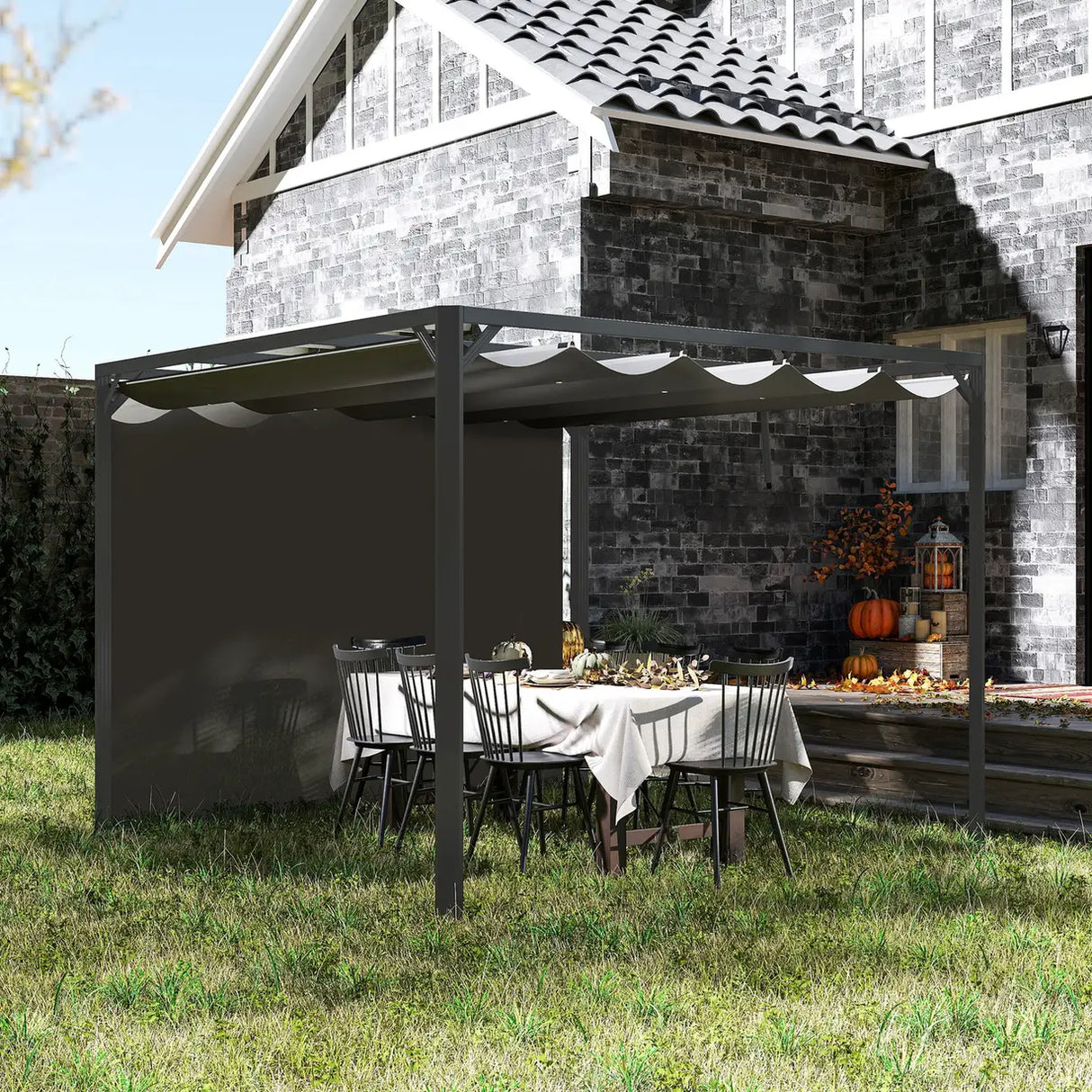 Outsunny 3 x 3m Aluminium Pergola, with Retractable Roof and Wall - Dark Grey