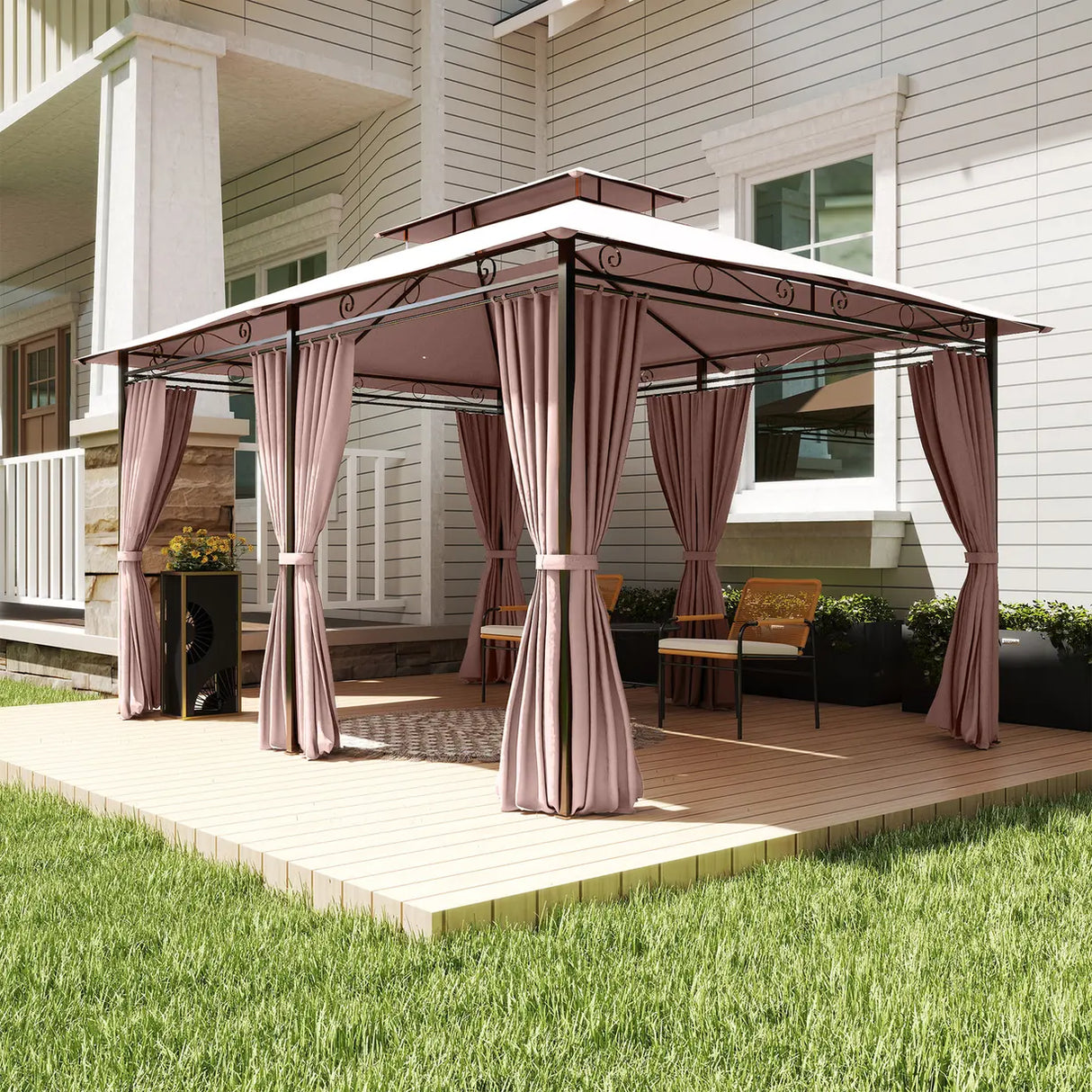 Outsunny 4m x 3(m)Garden Gazebo, Double Roof Outdoor Gazebo Canopy Shelter with Curtains, Solid Steel Frame for Patio, Garden, Brown