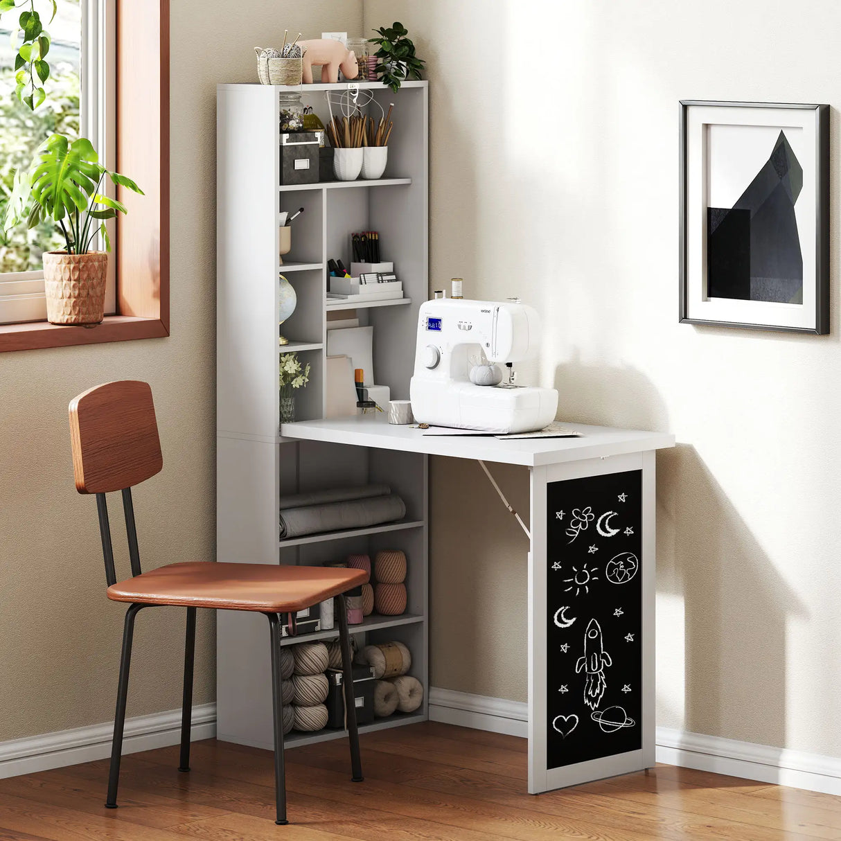 HOMCOM Wall Mounted Computer Desk, Folding Study Table with Black Board and Bookshelf, Multifunctional Floating Writing Desk for Home Office, White