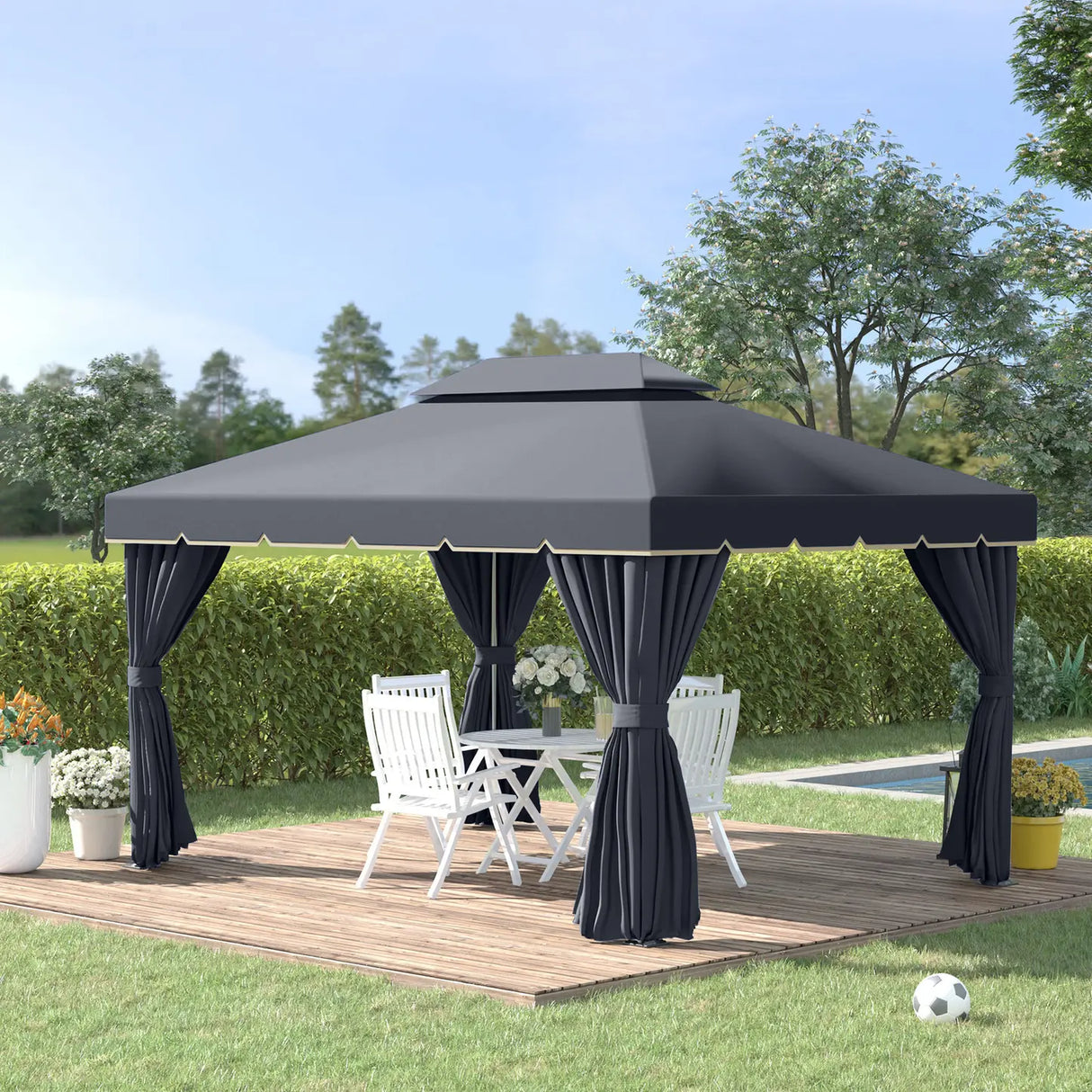 Outsunny 3 x 4m Aluminium Garden Gazebo, Marquee Canopy Shelter Pavilion Party Tent with Nets and Curtains for Garden and Deck, Black