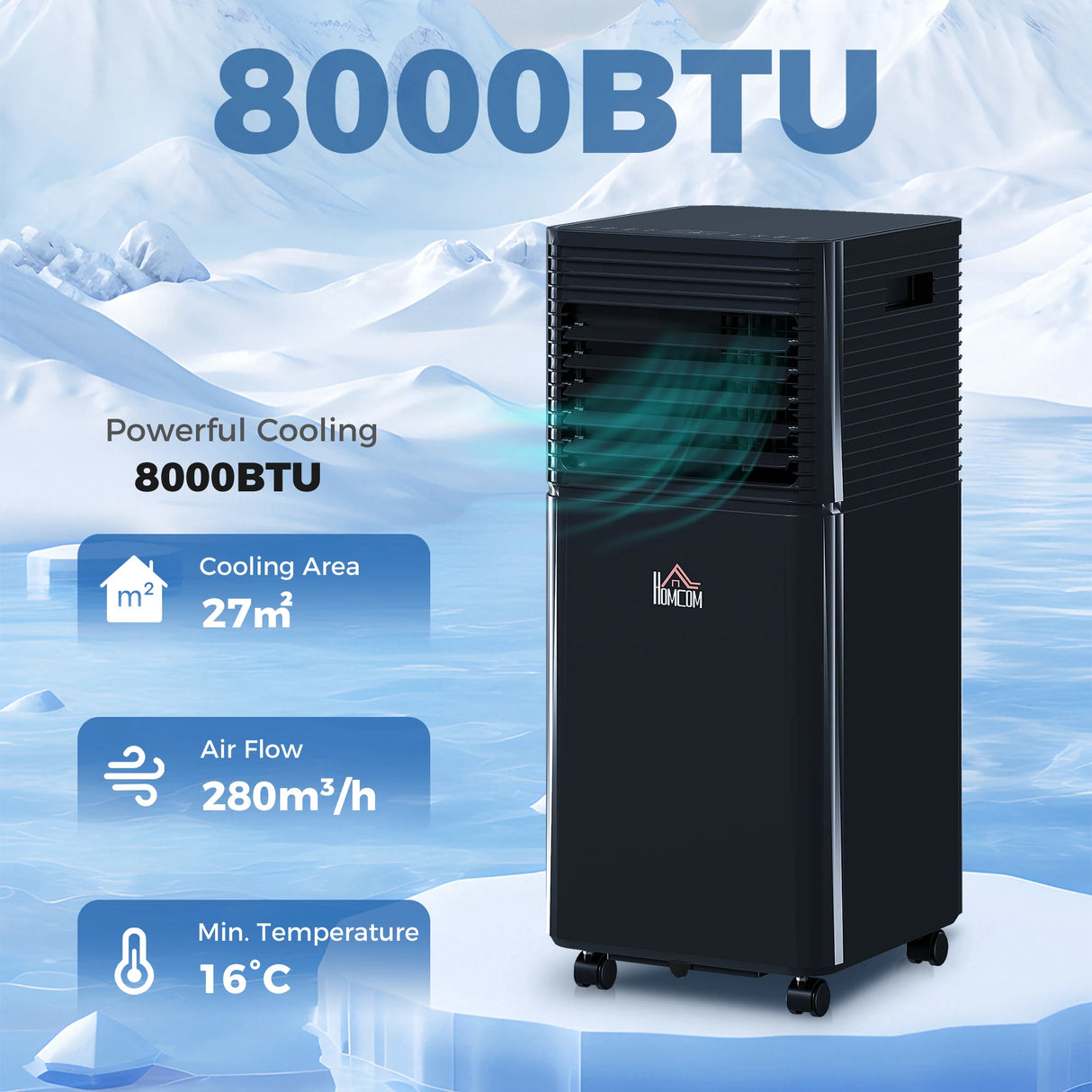 HOMCOM 8000 BTU 4-In-1 Portable Air Conditioner Unit Cooling Dehumidifying Ventilating for Room up to 27m2, with Fan, Remote, 24H Timer, Window Mount Kit, R290, A Energy Efficiency
