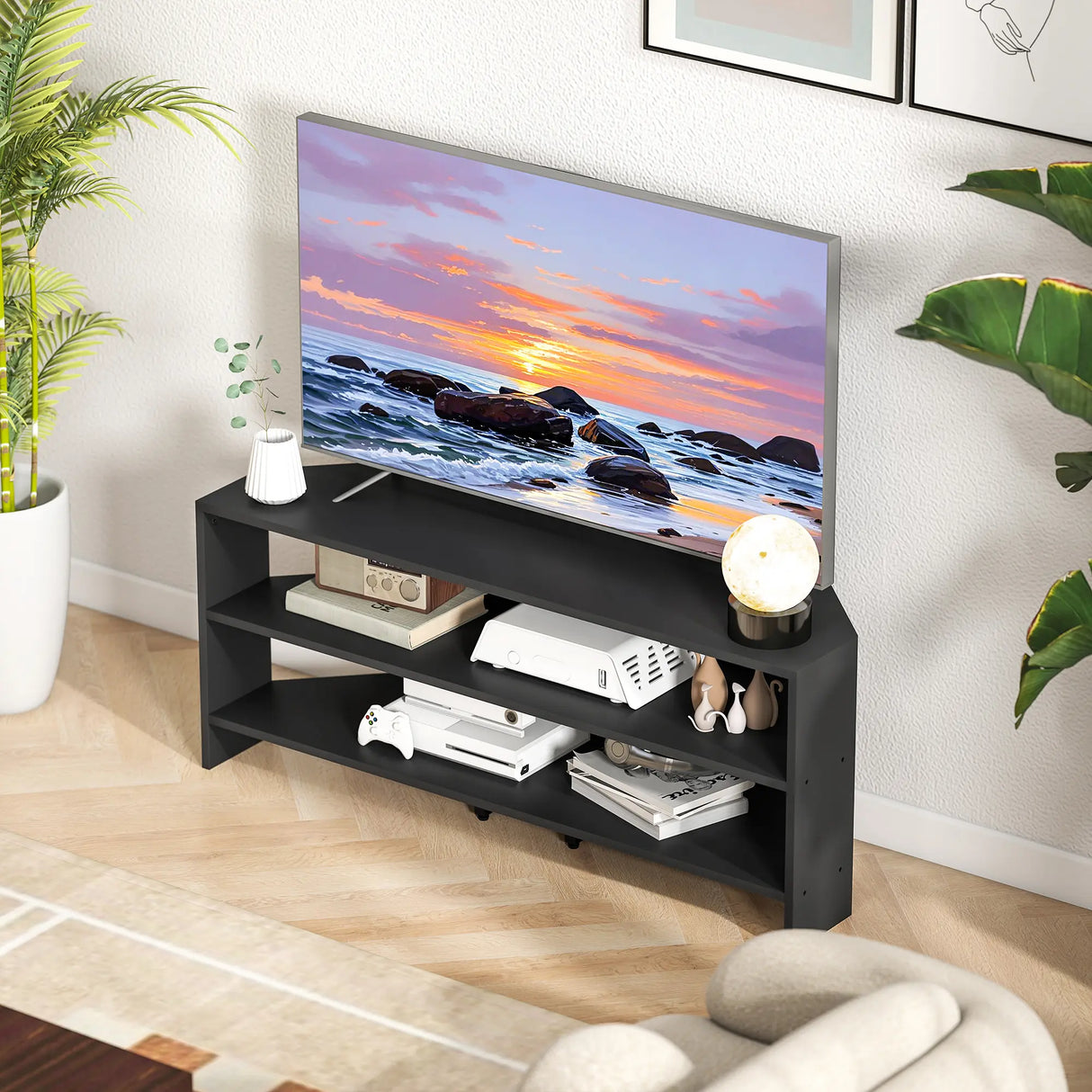 HOMCOM Corner TV Stand with 2 Open Shelves for 47 Inch TV - Black