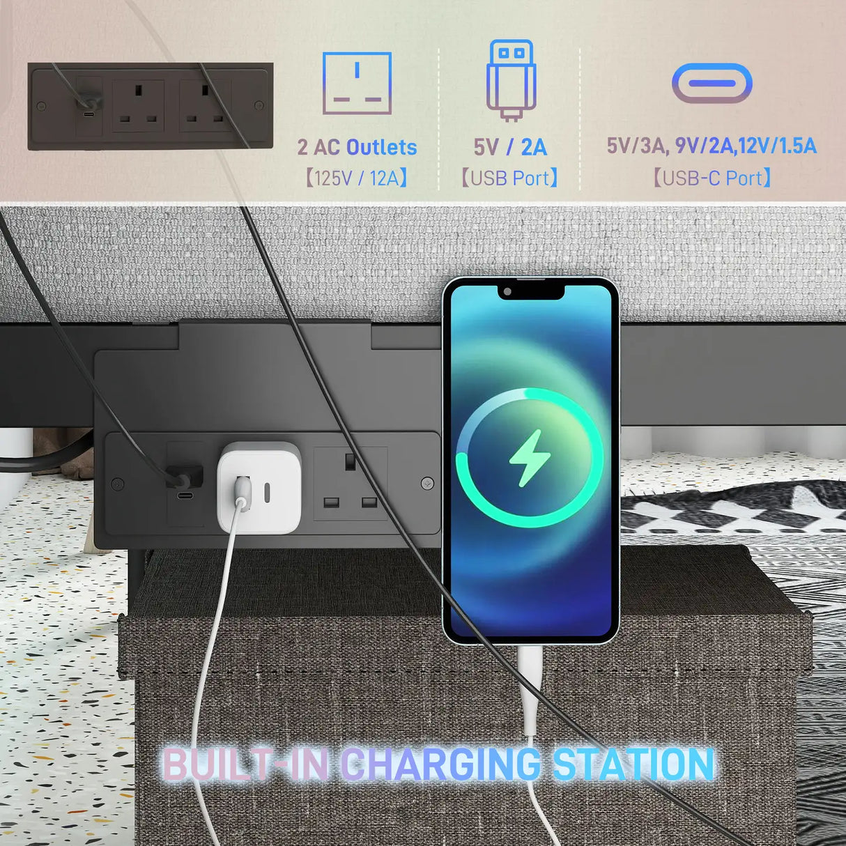 HOMCOM Double Bed Frame with LED Lights and Charging Station, Metal Platform Bed Frame with Under Bed Storage, Black