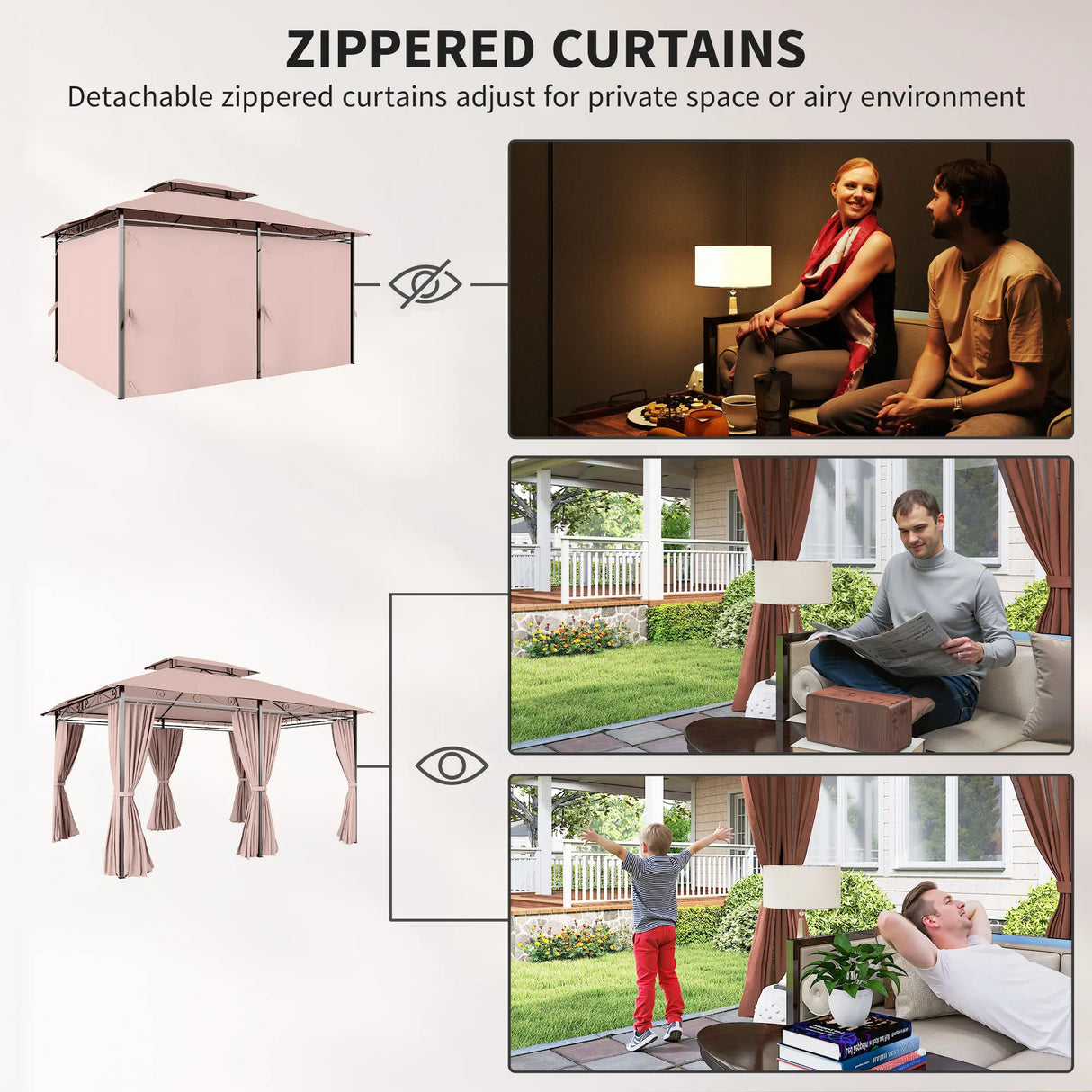 Outsunny 4m x 3(m)Garden Gazebo, Double Roof Outdoor Gazebo Canopy Shelter with Curtains, Solid Steel Frame for Patio, Garden, Brown