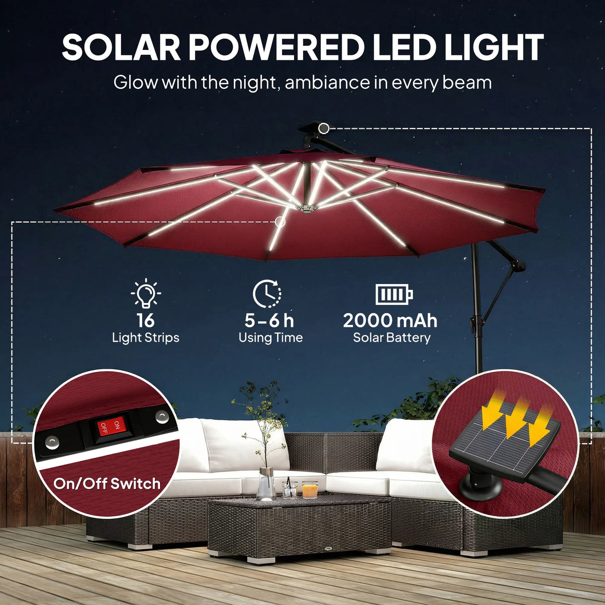 Outsunny 3 m Garden Cantilever Parasol with LED Solar Light, Round Overhanging Umbrella with 360 Rotation, Cover, Wine Red