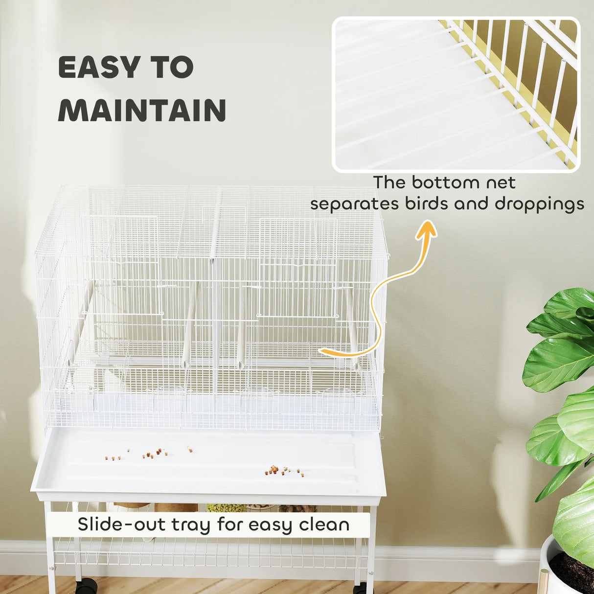 PawHut Bird Cage with Divider, 4 Wooden Perches, Slide Out Tray, 4 Feeders, for Budgie, Lovebird, Canary, 76 x 46 x 116cm White
