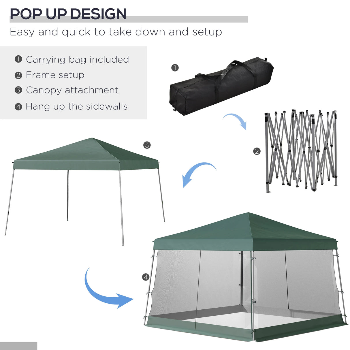 Outsunny Outdoor Garden Pop-up Gazebo Canopy Tent Sun Shade Event Shelter Folding with Adjustable Height, Mesh Screen Side Walls 3.5 M 3.5 M Base / 3 M 3 M Top, Green