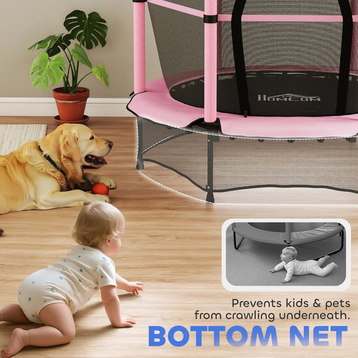 HOMCOM 4.6FT/55" Kids Trampoline with Safety Enclosure, Outdoor Indoor Use, for Ages 3-10 Years, Pink