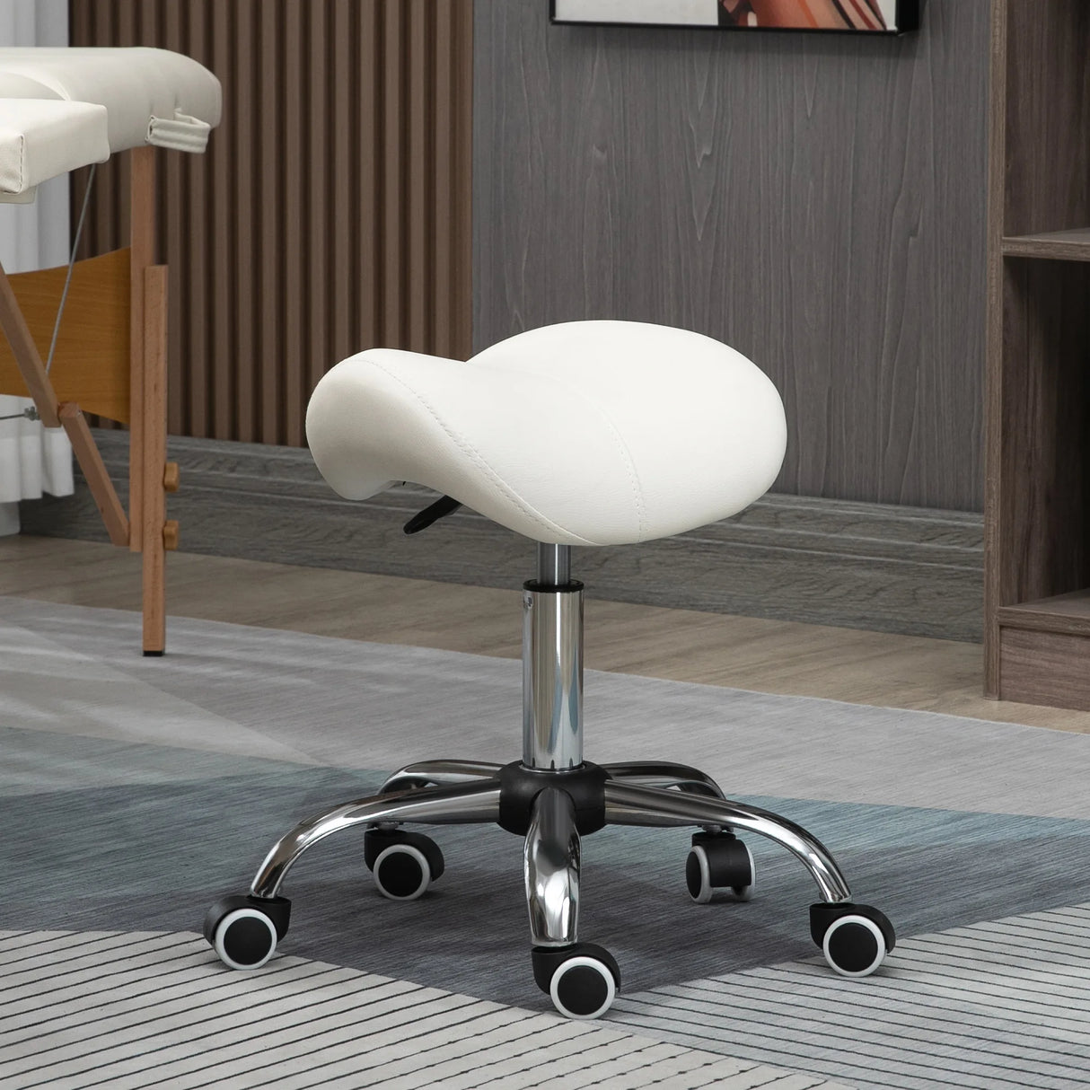 HOMCOM Cosmetic Stool 360 Rotate Height Adjustable Salon Massage Spa Chair Hydraulic Rolling Faux Leather Saddle Stool, Cream