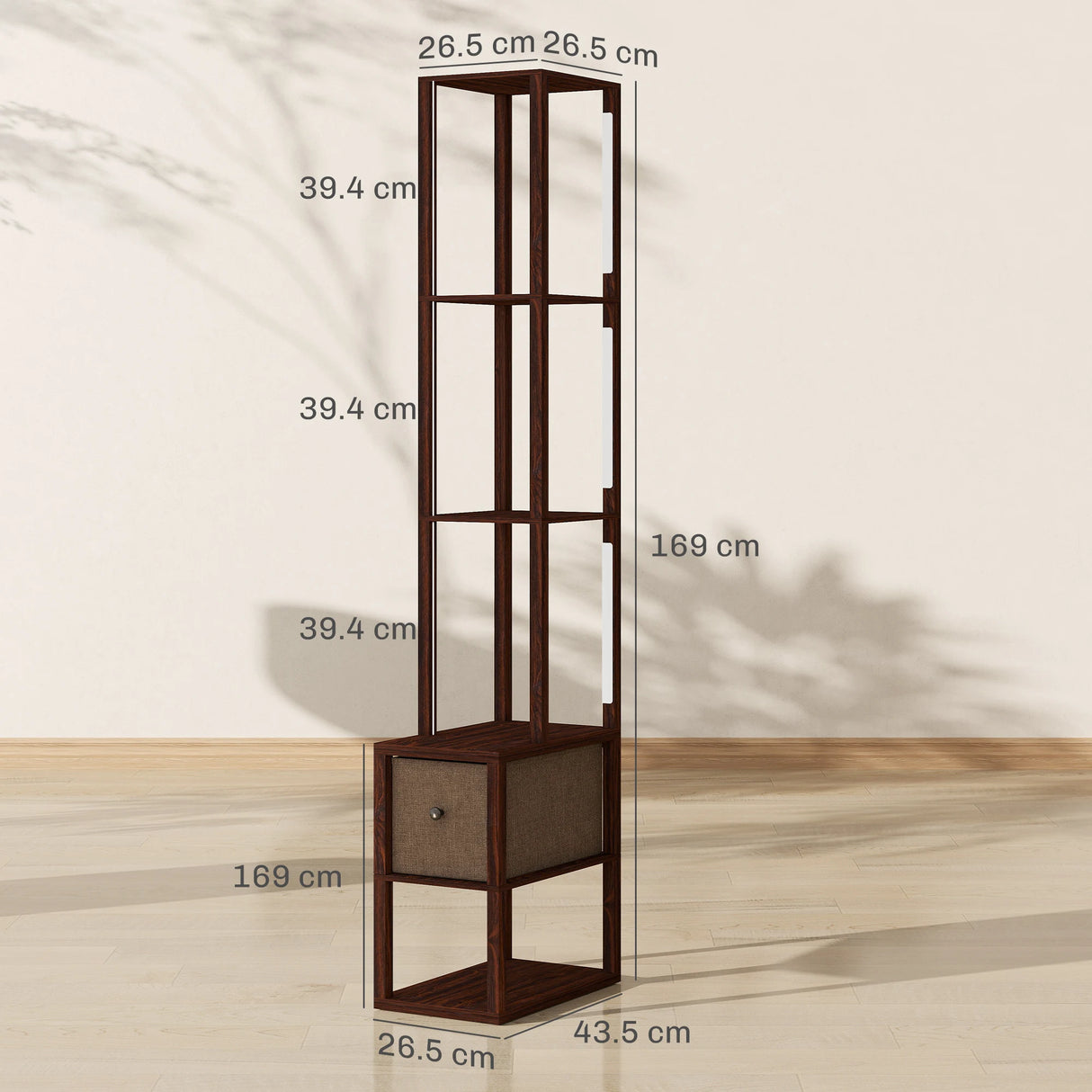 HOMCOM Floor Lamp with Shelves, LED Column Modern Standing Lamp with Fabric Drawer, Adjustable Brightness, Foot Switch for Living Room, Bedroom, Office, Dark Brown