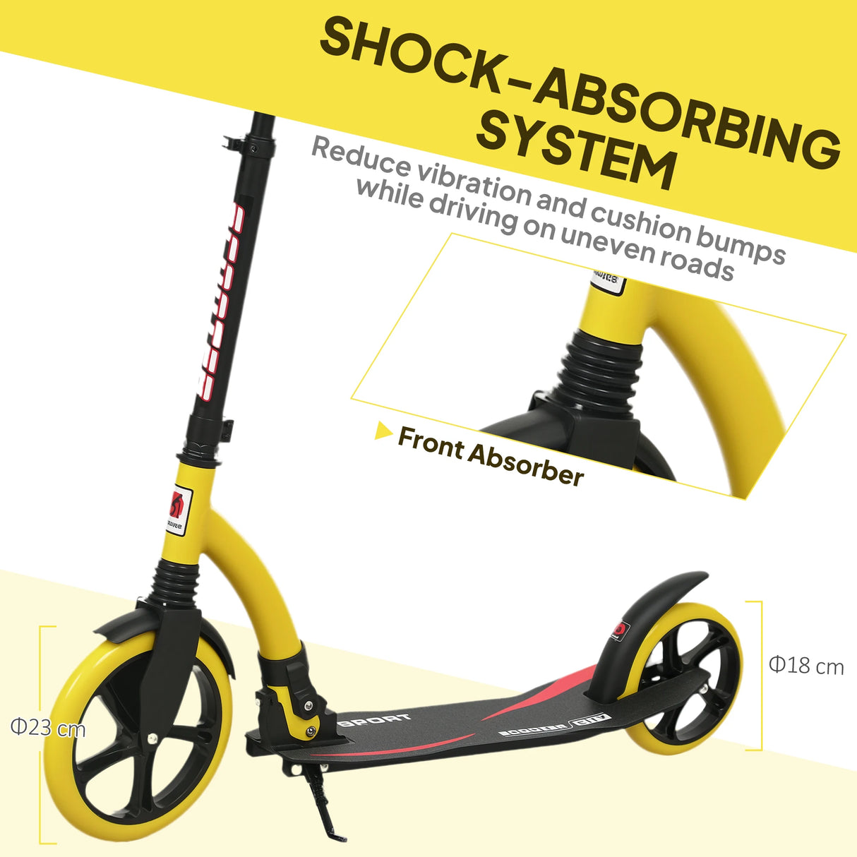 HOMCOM Foldable Kick Scooter with Double Shock Absorption and Big Wheels, Height Adjustable Aluminium Frame Big Wheel Scooter for 14+ Teens Adult - Yellow