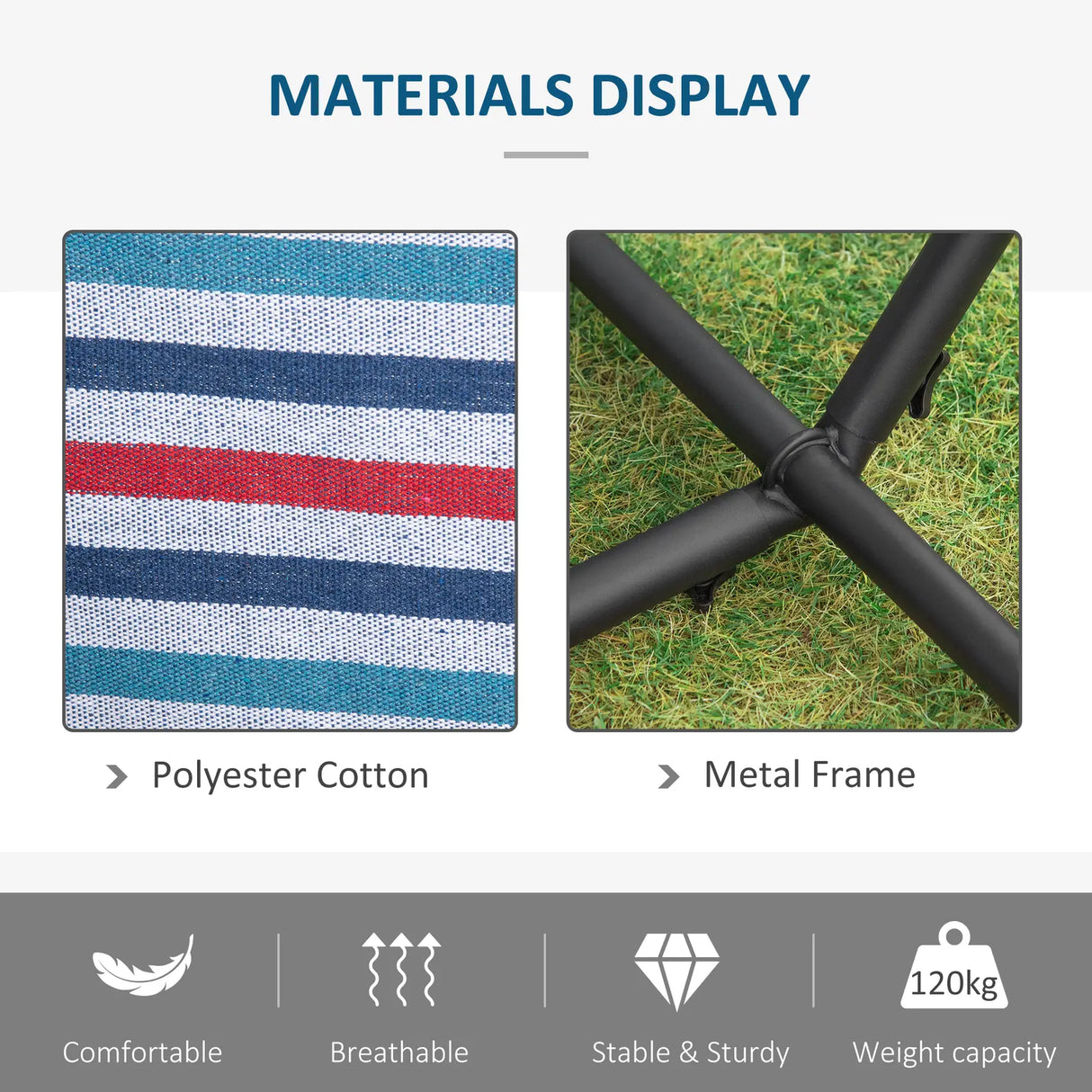 Outsunny 298 x 117cm Hammock with Stand Camping Hammock with Portable Carrying Bag, Adjustable Height, 120kg Load Capacity, Blue and White Stripe