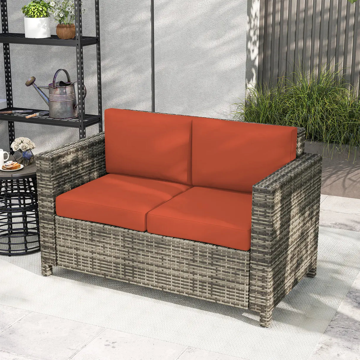 Outsunny Rattan Sofa, 2 Seater Garden Furniture with Soft Padded Cushion and Armrests, Wicker Garden Loveseat for Patio, Grey