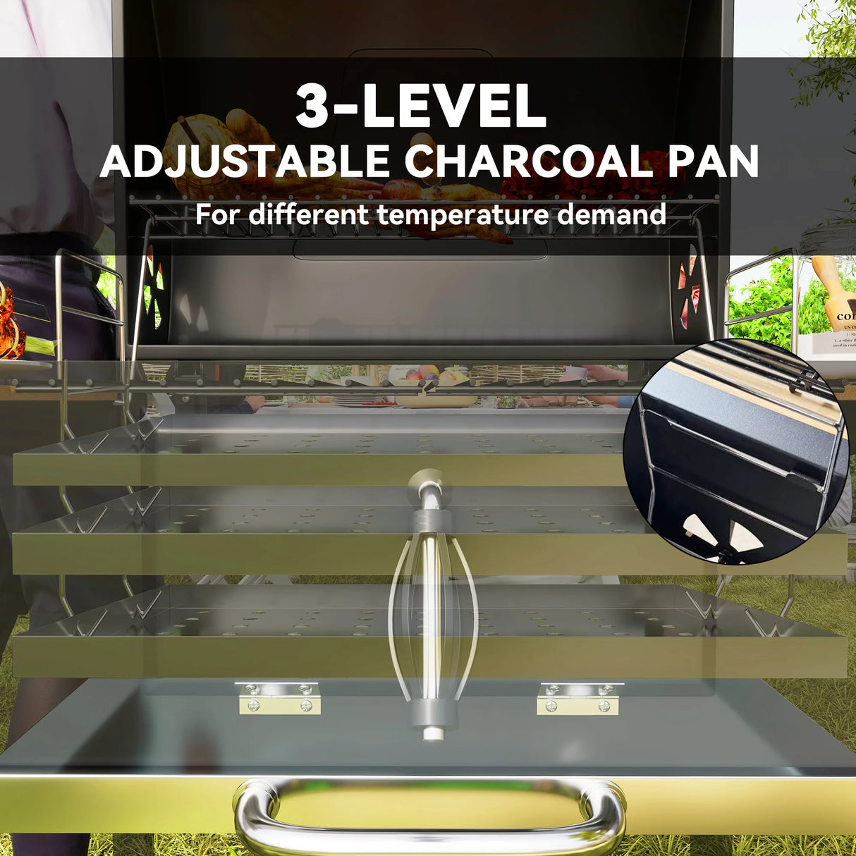 Outsunny Charcoal BBQ Grill with Height Adjustable Charcoal Pan, Barbecue Smoker with Warming Rack, 3 Shelves, Temperature Gauge, Wheels, Bottle Opener for Outdoor Cooking Garden Party