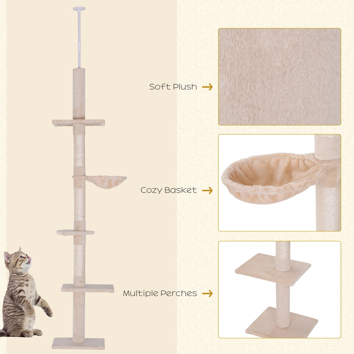 PawHut Floor to Ceiling Cat Tree Height Adjustable 230-260cm, 5-Tier Cat Tower with Scratching Post, Hammock, Perches, Climbing Activity Centre for Indoor Kittens, Beige