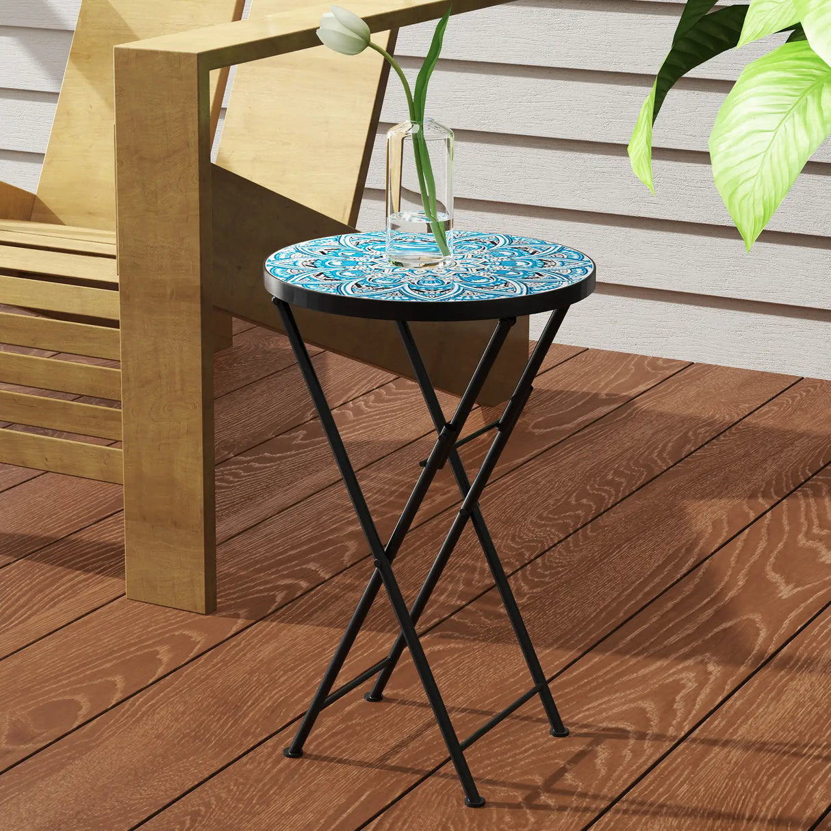 Outsunny Mosaic Outdoor Garden Table, 35.5cm Round Folding Coffee Table with Metal Frame for Balcony Terrace, Blue