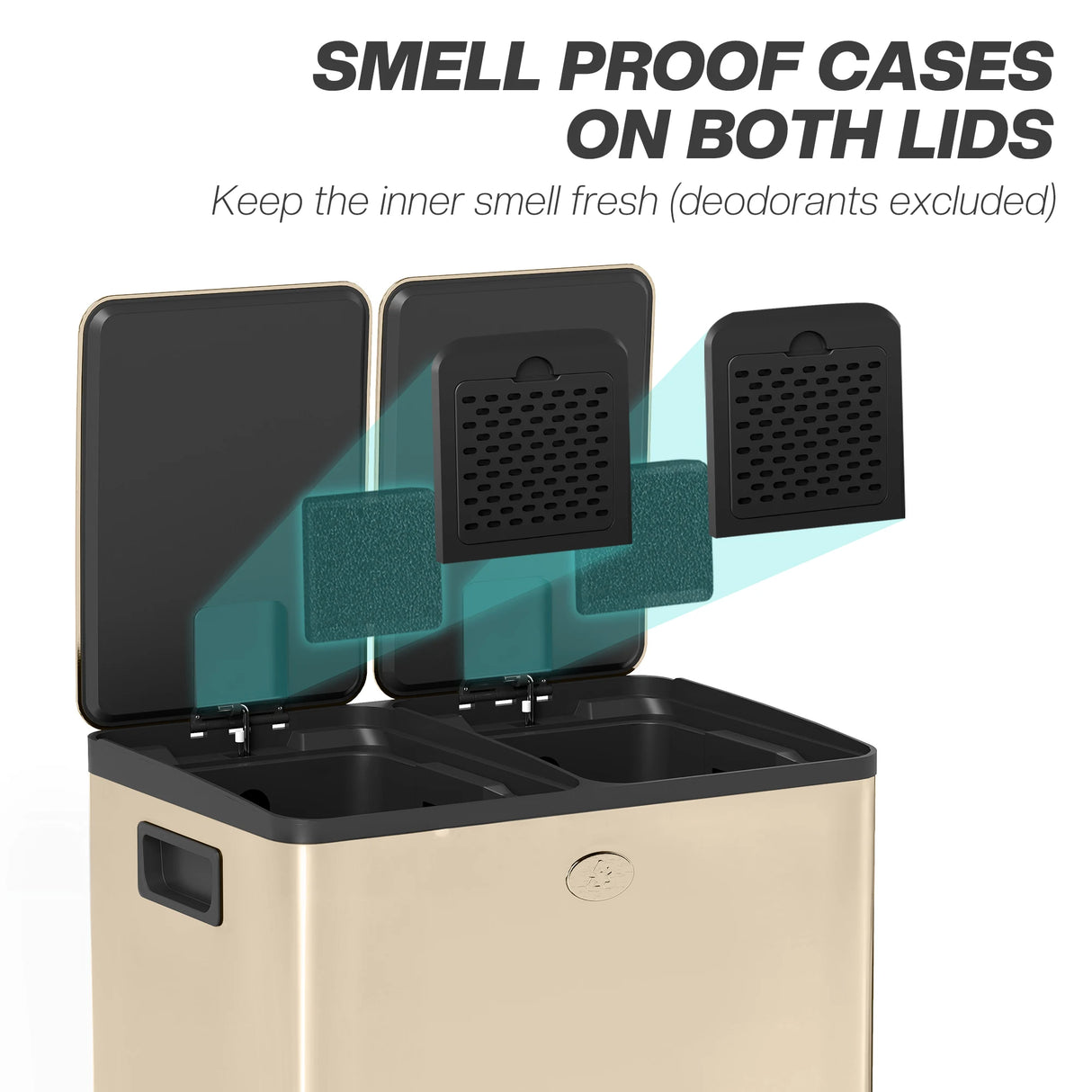 HOMCOM 40L Dual Compartment Stainless Steel Bin, with Deodoriser Holders - Gold Tone