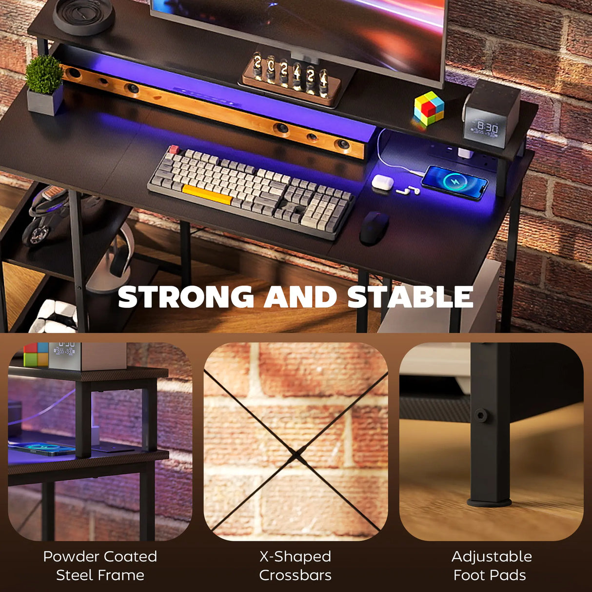 HOMCOM LED Computer Desk, with Power Outlets and Shelves - Carbon Fibre Grey