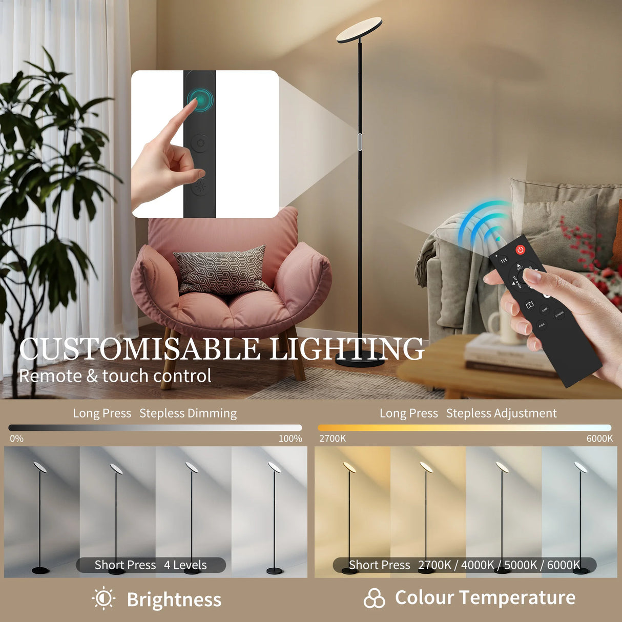 HOMCOM RGB Uplighter Floor Lamp, Tall Dimmable Standing Lamp with Remote & Touch Control, 350 Rotatable Head for Living Room Bedroom, 2700K-6000K Colour Temperatures, Black