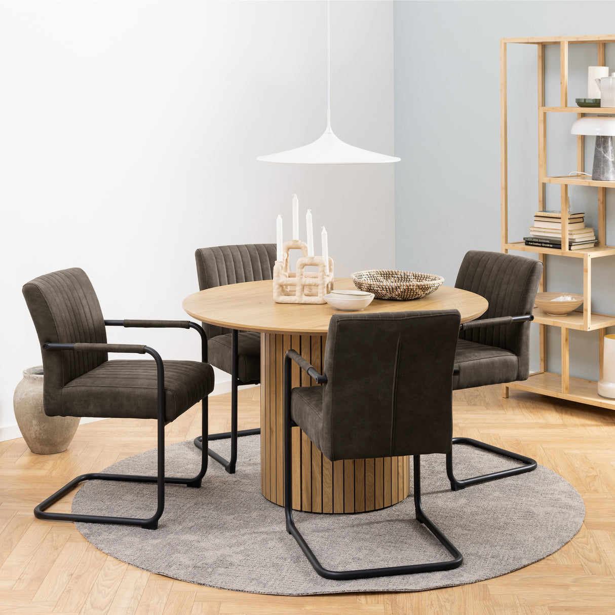 Yale Dining Table in Oak 120x75cm includes 4 Adele Fabric Dining Chairs in Grey