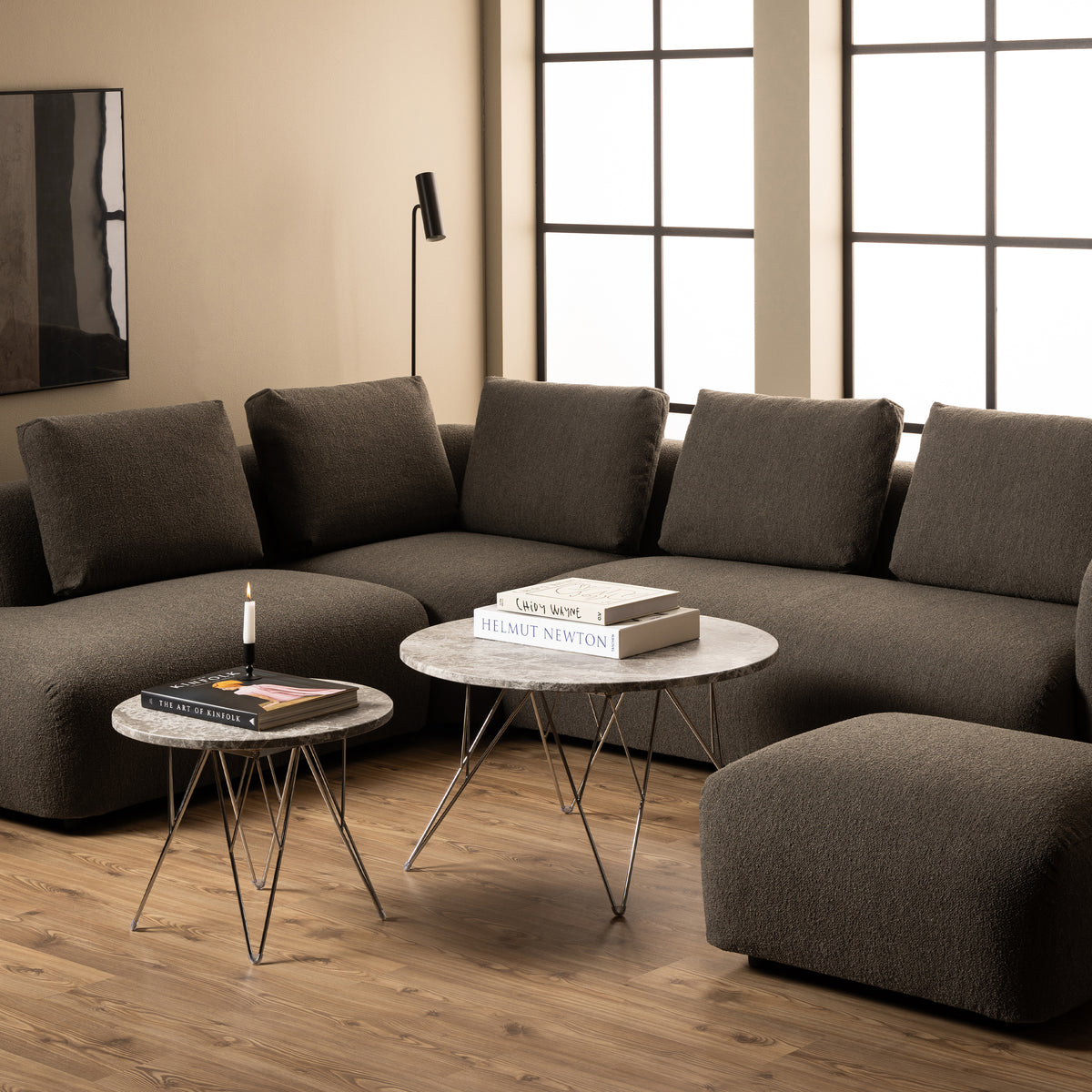 Prunus Round Coffee Table with Grey-Brown Marble Top