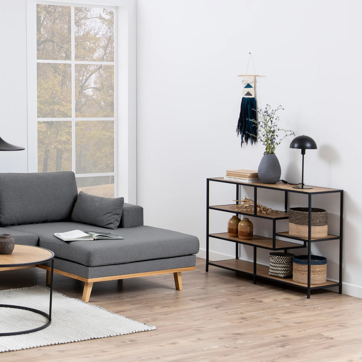 Seaford Wide Black Metal Bookcase with 4 Oak Shelves