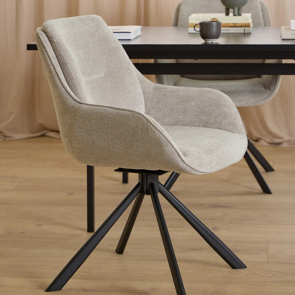 Angus Dining Table in Black includes 4 Carrie Swivel Dining Chair in Sand