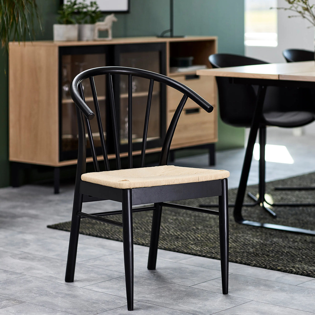 Montreux Round Extending Dining Table in Black 115-154 cm includes 6 Cassandra Dining Chair includes Armrest in Black