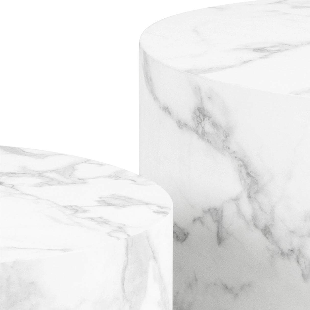 Dice Round Coffee Table Set of 2 in White Marble and Carrara Rough Paper