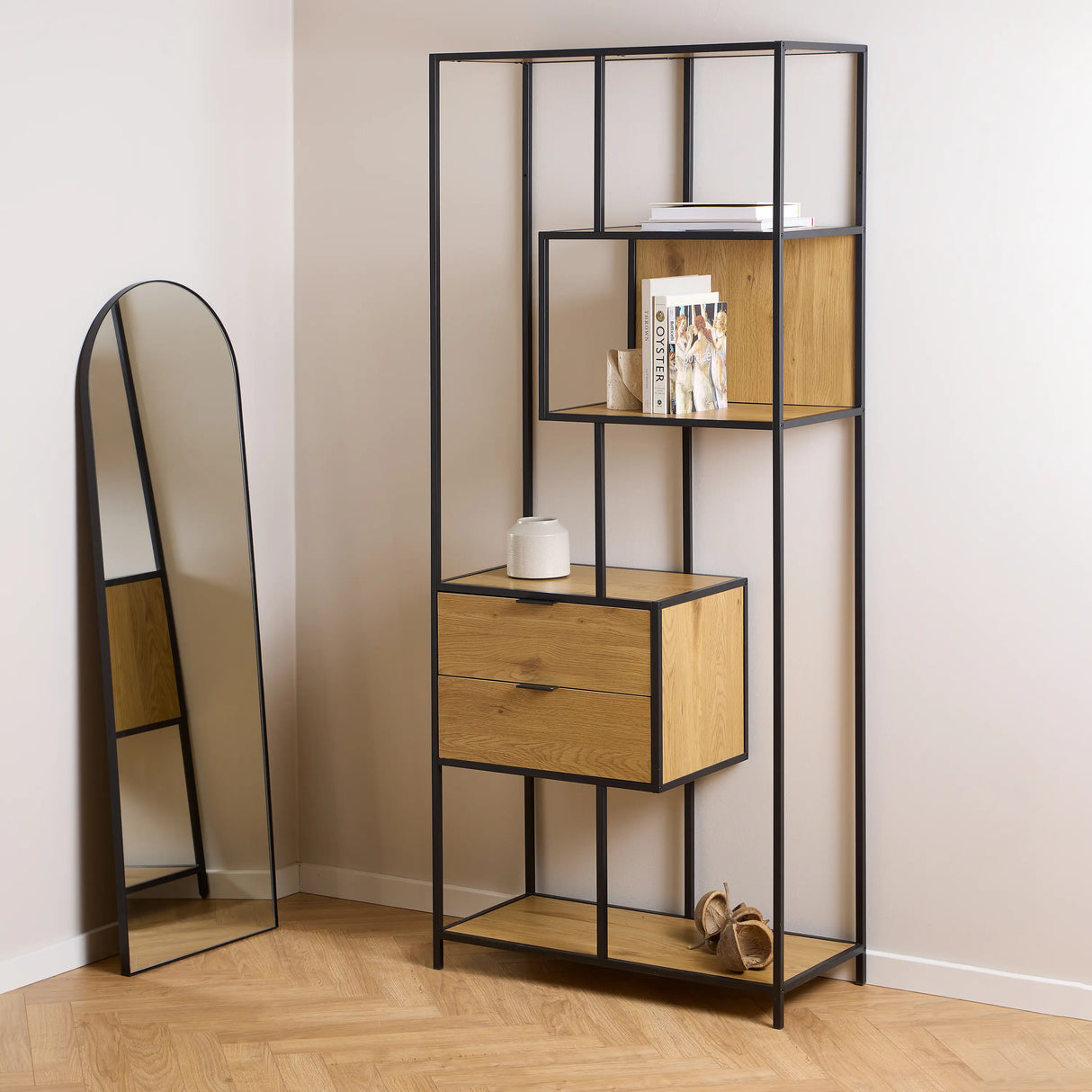 Seaford Tall Wild Oak Metal 2 Drawer Bookcase With 4 Shelves
