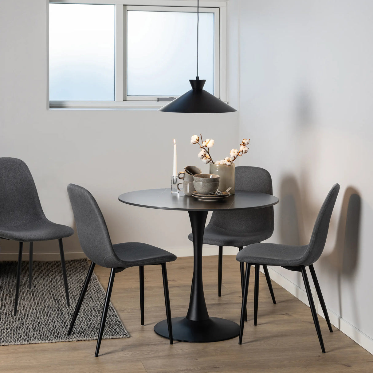 Malta Ceramic Round Dining Table in Black 90x75cm includes 4 Celia Dining Chairs in Light Grey