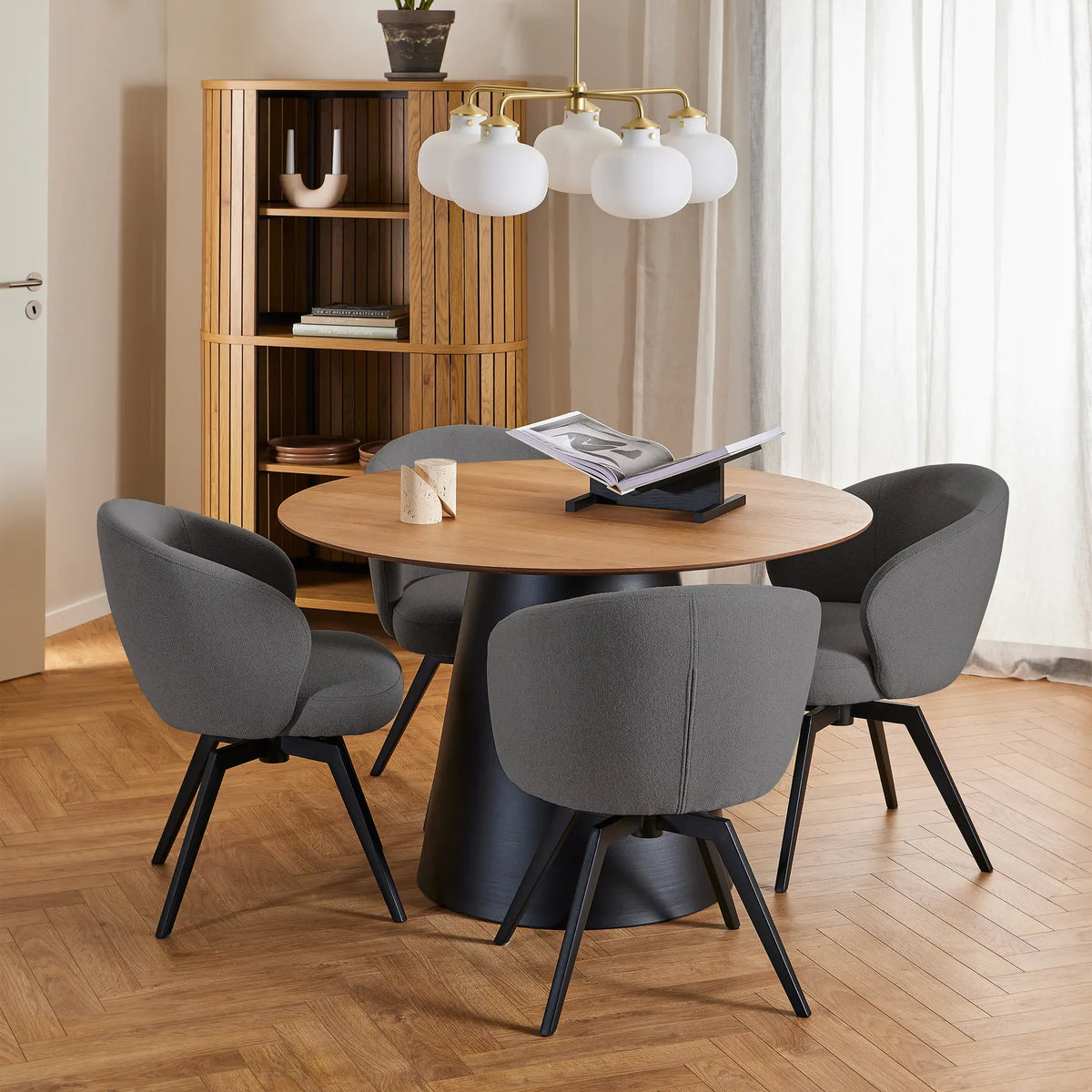 Soli Round Dining Table in Oak/Black 120x75cm Includes 4 Darlene Dining Chair with Armrest and Swivel Function in Grey