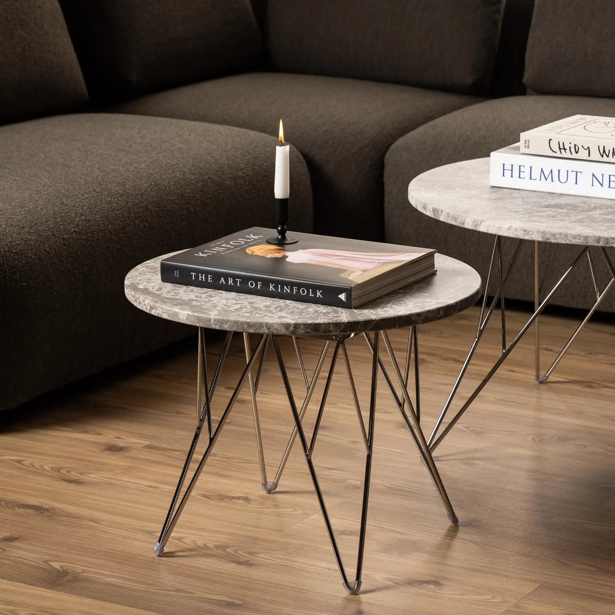 Prunus Round Side Table with Grey-Brown Marble Top