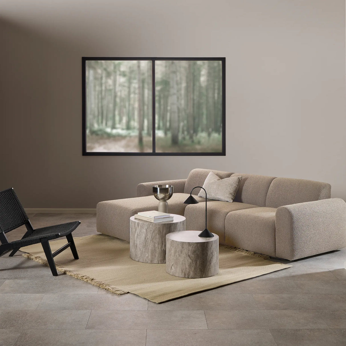 Midfield Left Hand Facing 2 Seater Chaise Longue in Boucle Beige Fabric