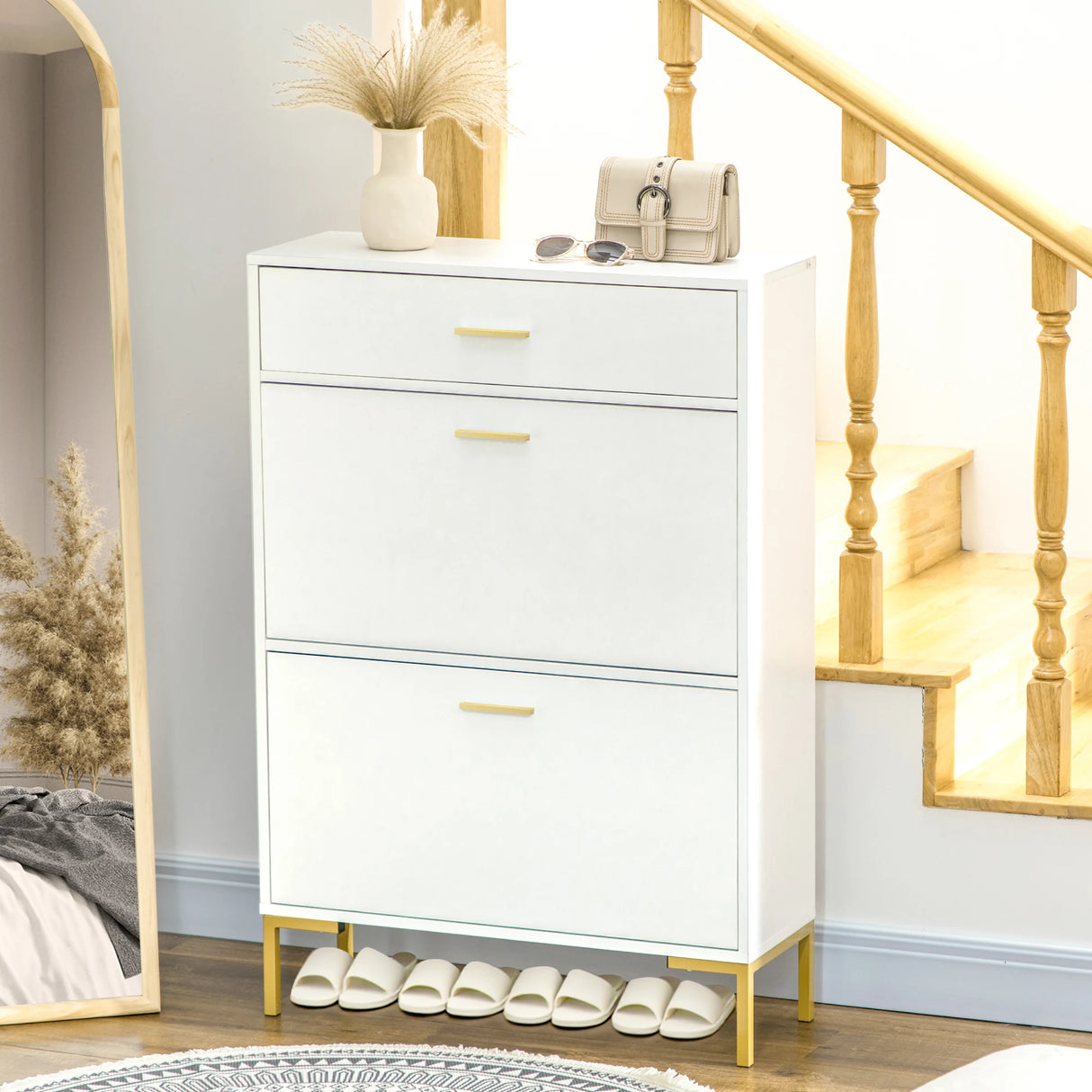 HOMCOM Three Drawer Slim Shoe Storage Cabinet, 12 Shoe Pairs - White