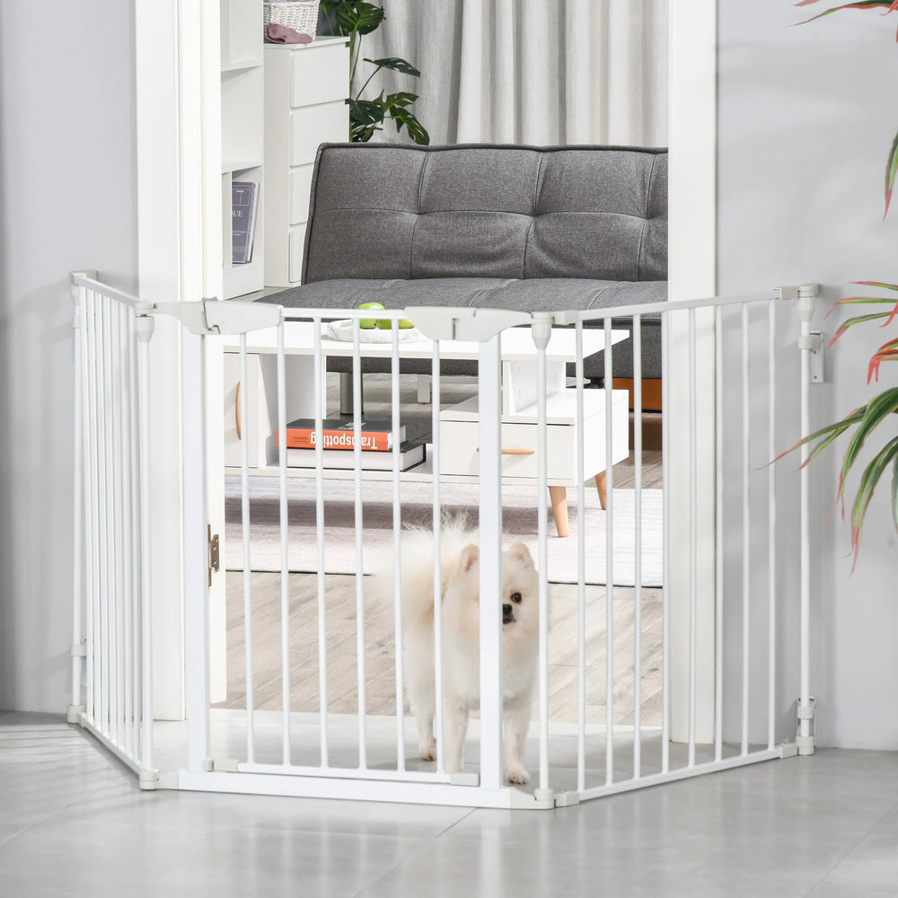 PawHut Pet Safety Gate, 3 Panels Playpen Fireplace, Foldable Metal Fence, Stair Barrier, Room Divider, Fire Guard w/ Automatic Closing Door, White