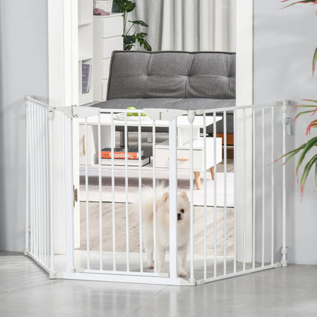 PawHut Pet Safety Gate, 3 Panels Playpen Fireplace, Foldable Metal Fence, Stair Barrier, Room Divider, Fire Guard w/ Automatic Closing Door, White